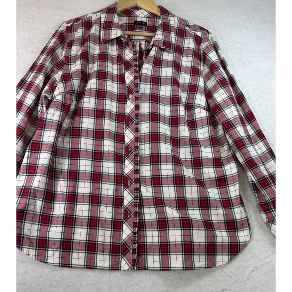 Talbots Red Plaid Ruffle Button Up Blouse L/SL Womens XL Classic Career